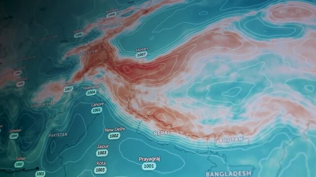 Computer screen view with visible pixels showing Asia pressure lines, cyclone wind, and temperature data for weather, danger, health, caution, and news visuals.