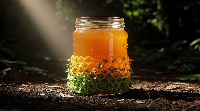 Jar of golden liquid with decorative green and orange accents in a forest setting with sunbeams.