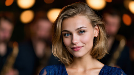 Naklejka premium Young woman smiling while standing in music performance venue. Jazz Appreciation Month