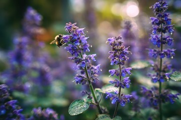 Obraz premium Macro shot of purple catmint flowers and a visiting bumble bee