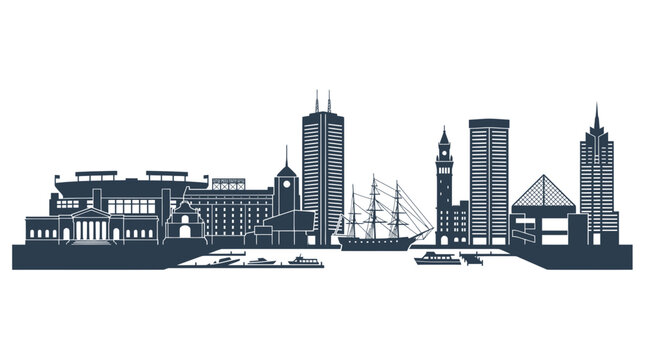Baltimore Skyline Silhouette with Harbor and Tall Ships