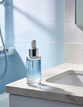 Vertical photo of a glass dropper bottle with blue serum on a marble bathroom counter. Skincare product for hydration and anti-aging. Copper peptide facial treatment in a modern bathroom setting