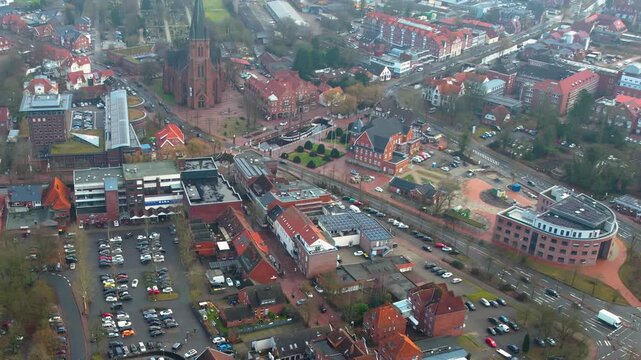Aerial view beside the old town above the city Papenburg in Germany, on a sunny noon in autumn.