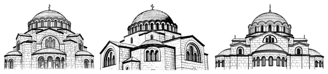 Orthodox church cathedral with large dome and arched windows in hand drawn engraving style © AnjaliDesai