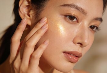Naklejka premium Close-up of a woman applying golden shimmering serum to her cheek. Skincare routine with copper peptides for glowing skin. Radiant female face with cosmetic product