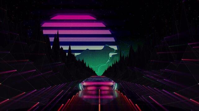 Retro synthwave aesthetic car driving through a futuristic neon landscape.