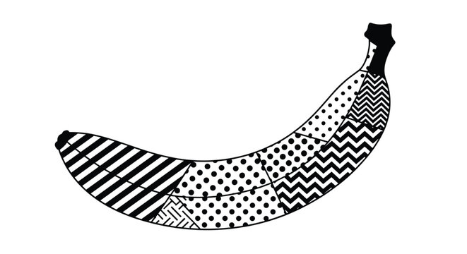 Creative and stylized black and white illustration of a banana, filled with a diverse array of geometric and abstract patterns.