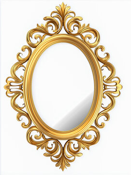 Ornate golden oval mirror with intricate floral design and decorative frame, reflecting light against a plain white background