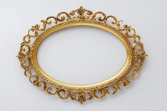 Ornate vintage gold picture frame with intricate scrollwork design, empty oval center, isolated on a clean white background for decorative or artistic use