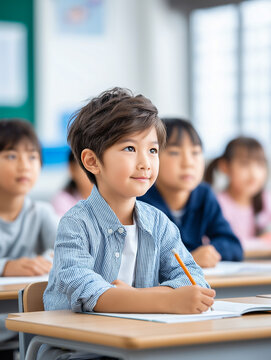 Young Asian boy in classroom setting attentively listens while taking notes, surrounded by classmates, with bright natural light streaming through large windows