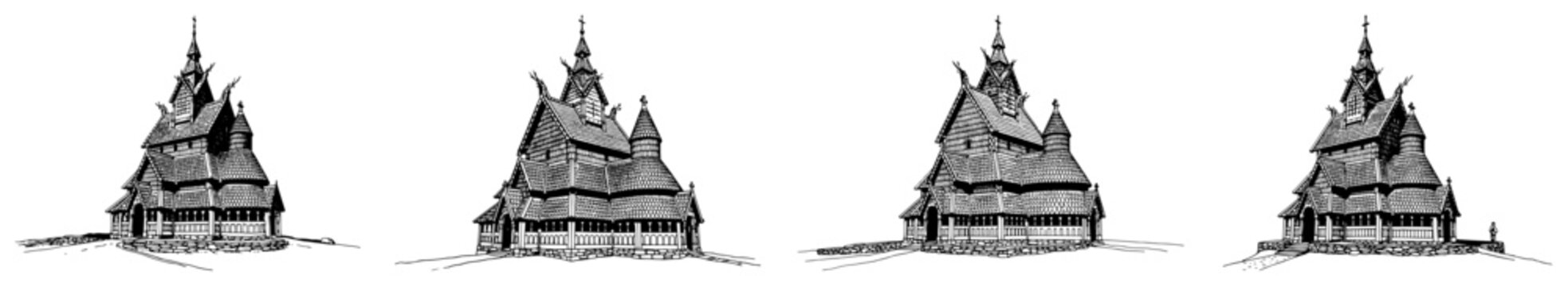 Norwegian stave church with wooden dragon heads and tiered roofs in hand drawn engraving style