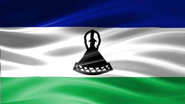 Waving Lesotho Flag with Traditional Mokorotlo Hat Symbol