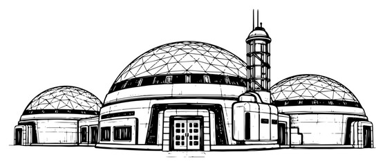 Geodesic dome research station with futuristic biosphere structures in hand drawn engraving style © AnjaliDesai
