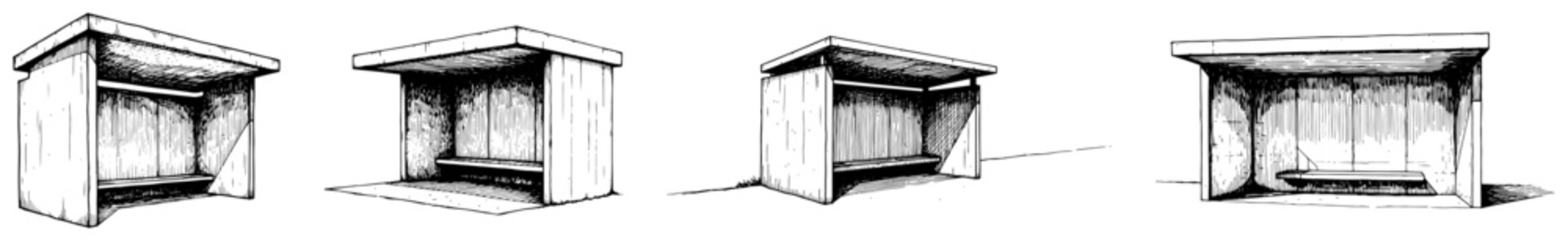 Bus stop shelters for urban transit in minimalist hand drawn architectural sketch style