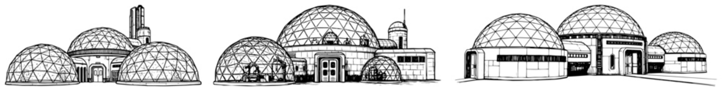 Geodesic dome buildings for futuristic colony or greenhouse complex in architectural sketch style