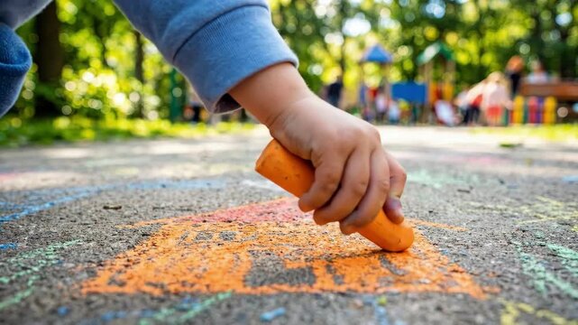 Child drawing simple house on pavement with orange chalk in sunny park. Outdoor creativity and play for young kids
