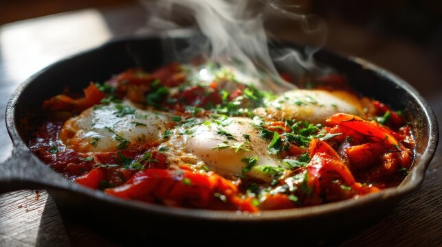 Comforting tomato-based shakshouka with a golden yolk, onions, and garlic in a cozy home kitchen