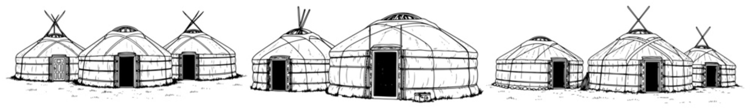 Traditional nomadic yurts dwelling in a vast landscape in ink sketch style