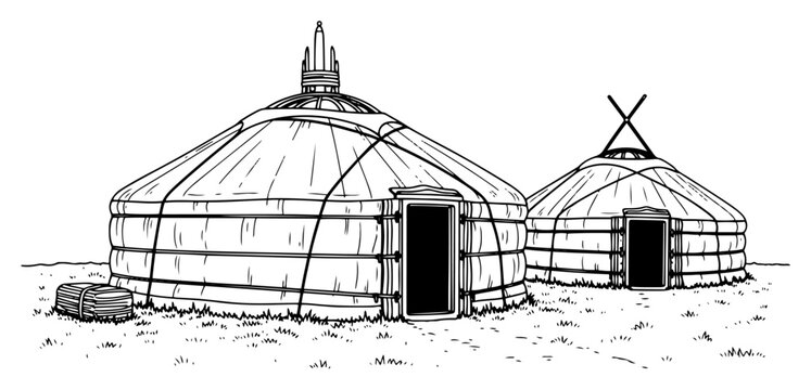 Traditional Mongolian yurts in a field with a detailed view in hand drawn sketch style