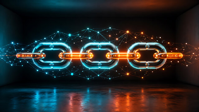 Digital blockchain chain links with glowing connections secure data network cryptocurrency and decentralized system
