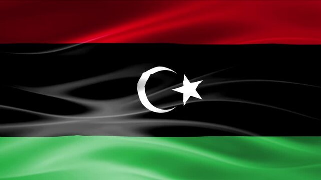 Waving Libyan Flag with Red, Black, and Green Stripes and Crescent Moon and Star