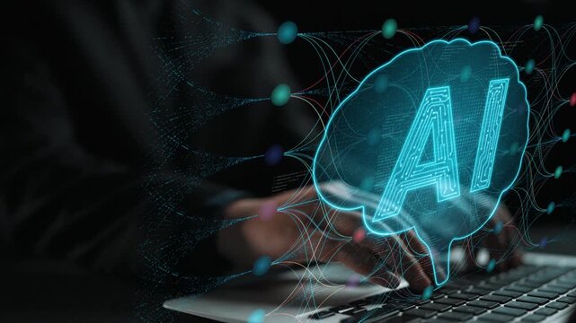 Futuristic digital concept showcasing artificial intelligence technology with glowing brain graphic and data streams alongside a person typing on a laptop Sigmoid