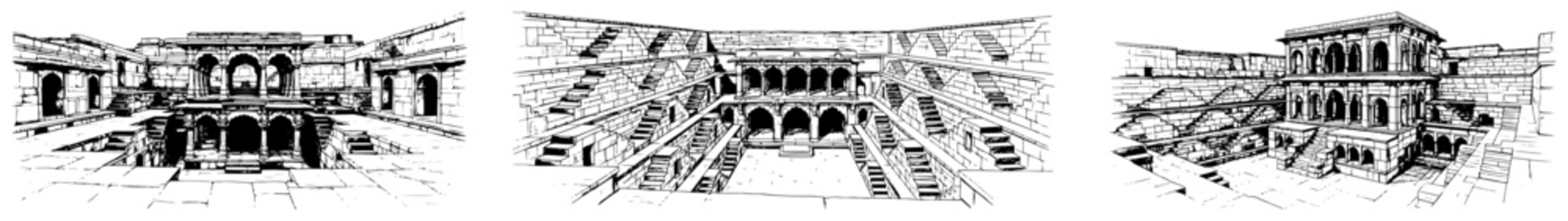 Ancient Indian stepwell architecture collection with intricate stone stairs in detailed sketch style