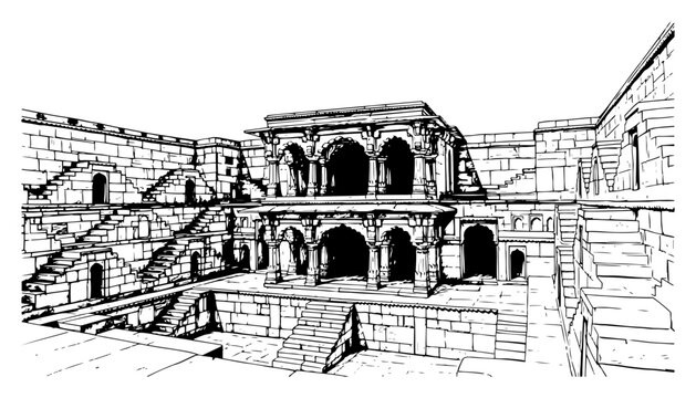 Indian stepwell architecture with intricate stone stairs and ornate arches in hand drawn engraving style