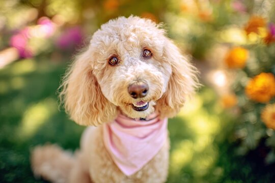 Cute dog fashion moment: poodle sporting a pink bandana in a sunny yard