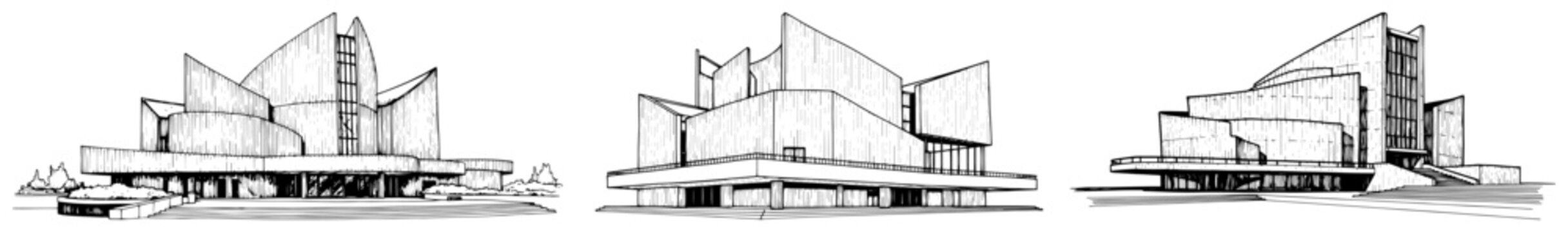 Modern architectural building with sharp geometric angles and contemporary design in minimalist sketch style