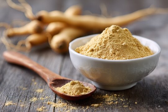 Photographic composition of maca powder with texture, soft daylight, and earthy tones