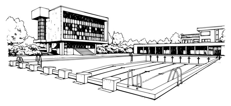 Modern architectural building with large outdoor swimming pool and diving area in ink sketch style