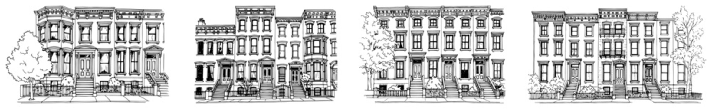 Urban townhouse row featuring historic brownstone architecture in hand drawn architectural sketch style