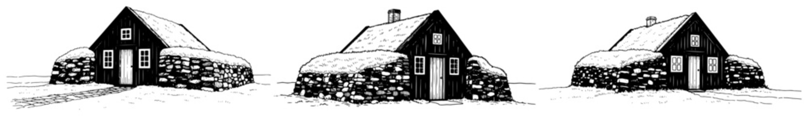 Traditional turf house with stone walls and wooden roof in rustic landscape sketch style © AnjaliDesai