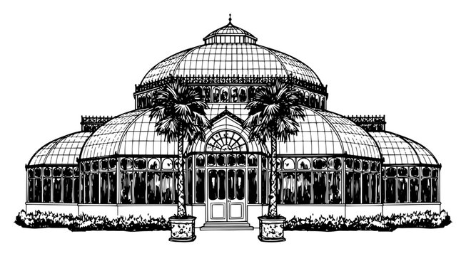 Victorian glass conservatory building with palm trees in detailed botanical garden sketch style