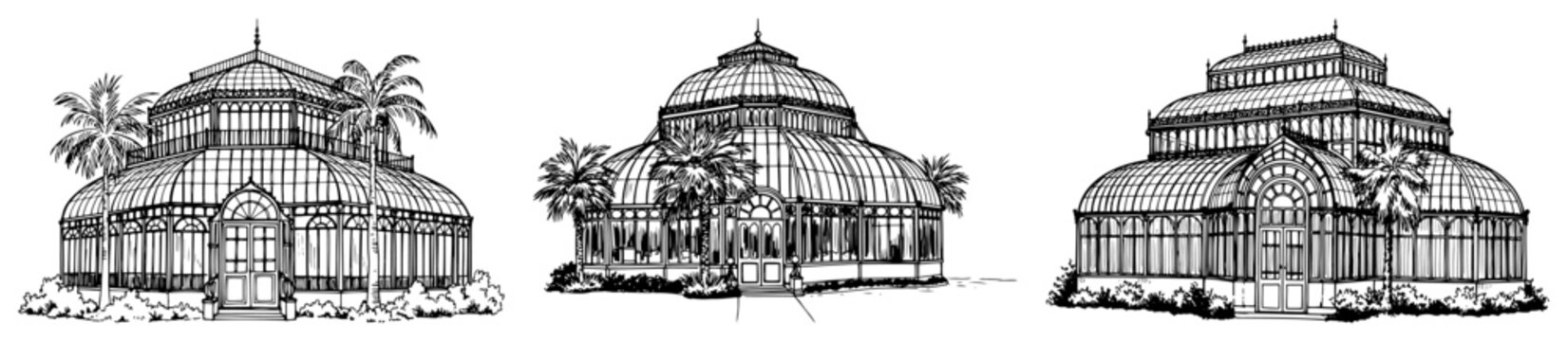 Grand botanical greenhouse complex with palm trees and glass architecture in hand drawn sketch style