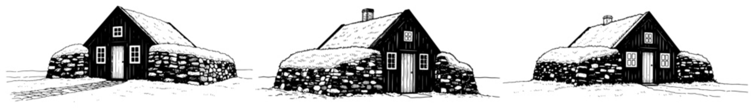 Traditional turf house with stone walls and wooden roof in rustic landscape sketch style