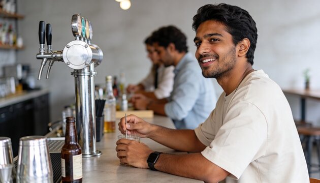 Smiling young South Asian man sitting at a bar counter. Happy Indian male holding a drink in a modern restaurant. Socializing and leisure lifestyle concept