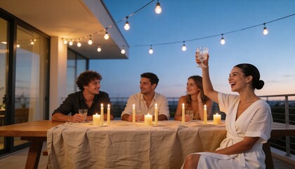 Obraz premium Group of friends having dinner on a rooftop terrace at twilight. Young people celebrating with a toast under string lights. Outdoor social gathering with candles and city view