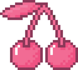 Fototapeta premium Cherry berries on stem with leaf pixel art vector icon, retro 8 bit video game pink monochrome fresh ripe farm fruits