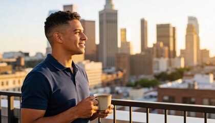 Obraz premium Smiling young man holding a coffee mug on a city rooftop. Happy Hispanic male looking at the skyline during golden hour. Urban lifestyle and morning routine concept
