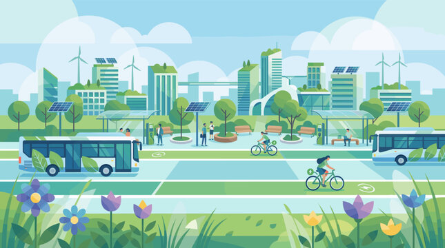 Modern sustainable city with electric buses, bicycles, solar panels, and wind turbines. Eco-friendly urban landscape featuring green living and renewable energy infrastructure.
