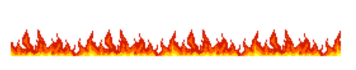 Fototapeta premium Red burning fire flame effect border vector pixel art, cartoon retro 8 bit video game blazing frame, ignition background