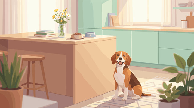 A happy beagle dog sitting on the floor of a cozy sunlit kitchen. A warm, peaceful home environment with plants, furniture, and pet supplies in a flat vector illustration style.