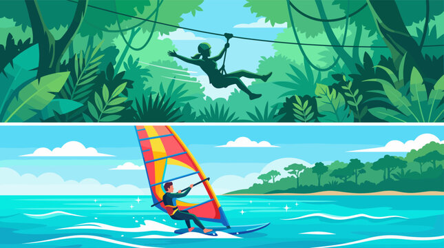 Vector illustration featuring a person ziplining in a lush green jungle and a windsurfer on blue water. Perfect for travel banners, vacation marketing, and outdoor sports themes.