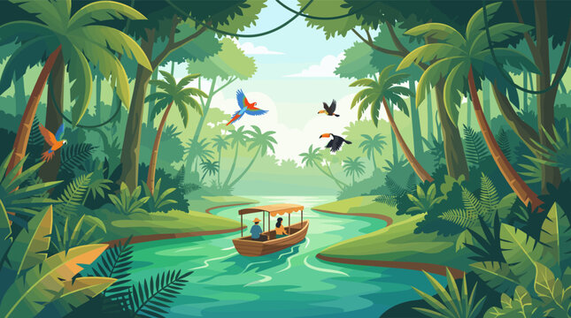 People enjoying a boat tour on a river through a lush tropical rainforest with colorful parrots and toucans. Flat vector illustration of adventure, travel and nature.