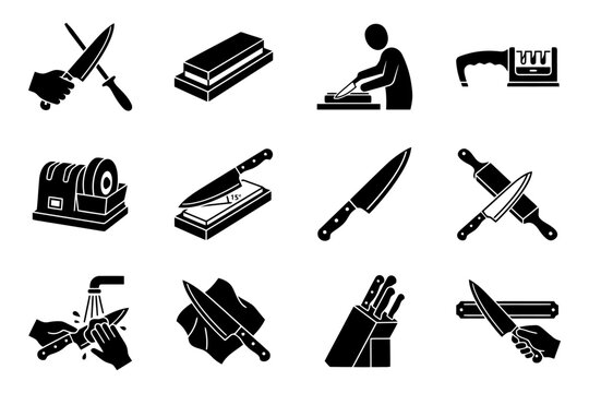 Knife sharpening techniques and tools icons collection.