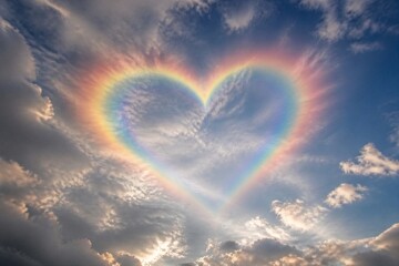 Fototapeta premium Heart shaped rainbow appearing amid cloudy blue sky over horizon