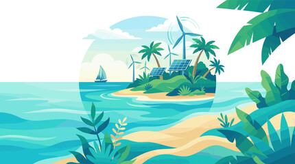 Fototapeta premium Tropical island landscape featuring wind turbines and solar panels for renewable energy. Vector illustration representing sustainable ecology and clean power solutions.
