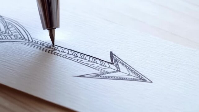 Fountain pen drawing a patterned arrow on paper